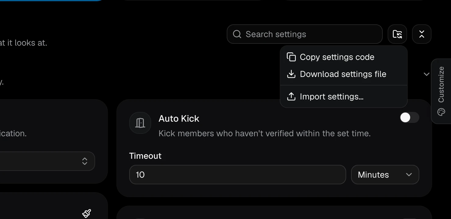 The import and export menu on the Settings page