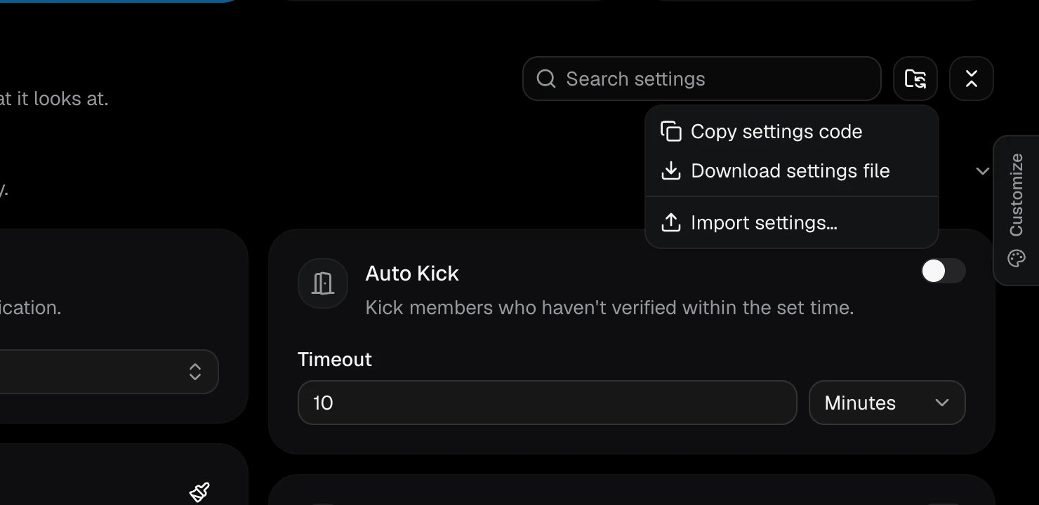 The import and export menu on the Settings page