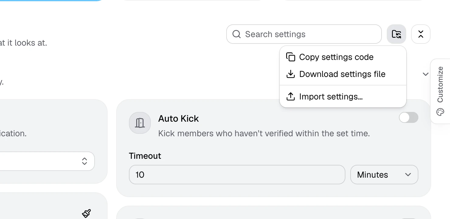 The import and export menu on the Settings page