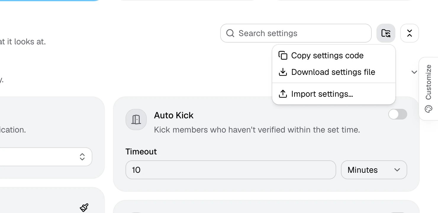The import and export menu on the Settings page