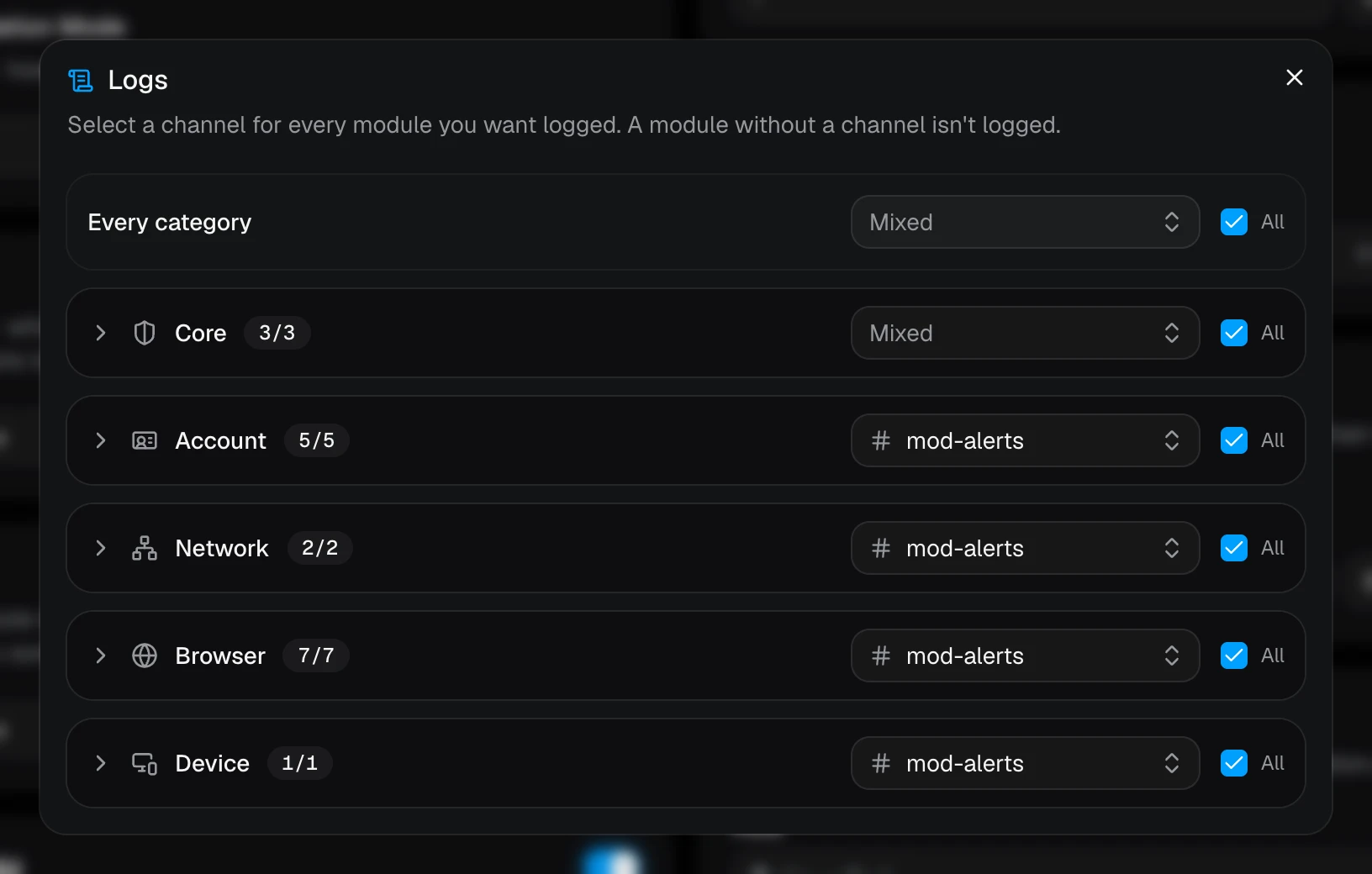 The Logs window, with a channel picked for each category