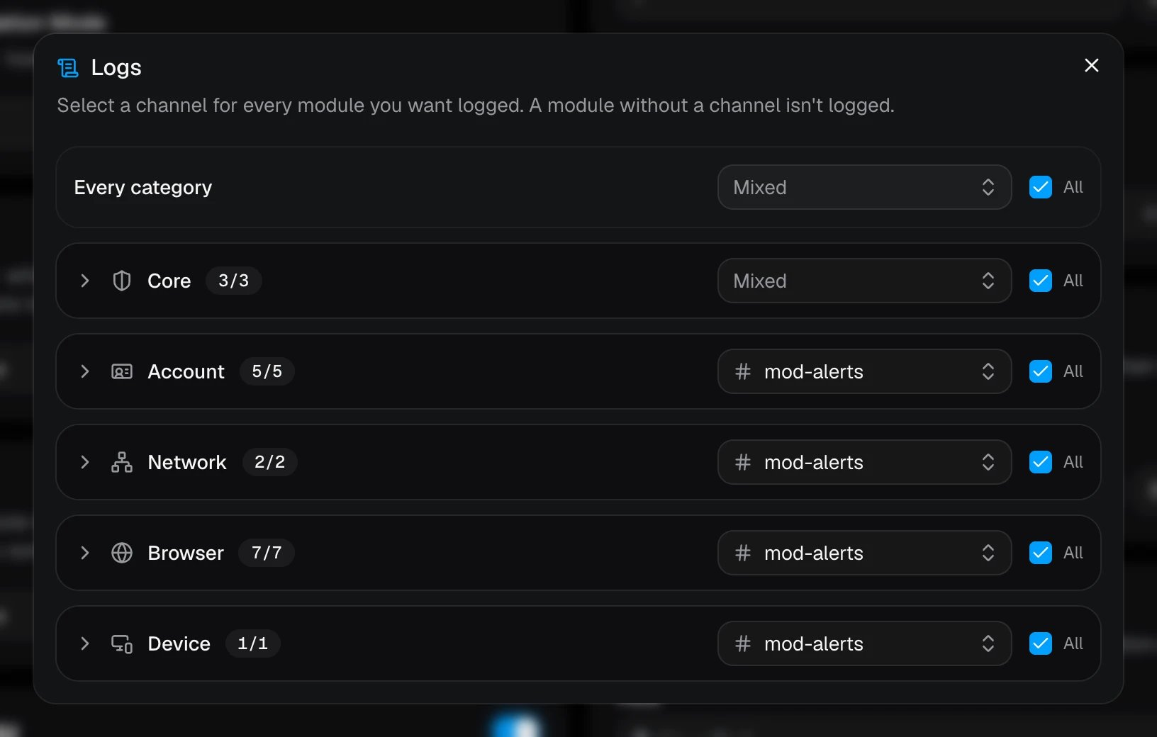 The Logs window, with a channel picked for each category