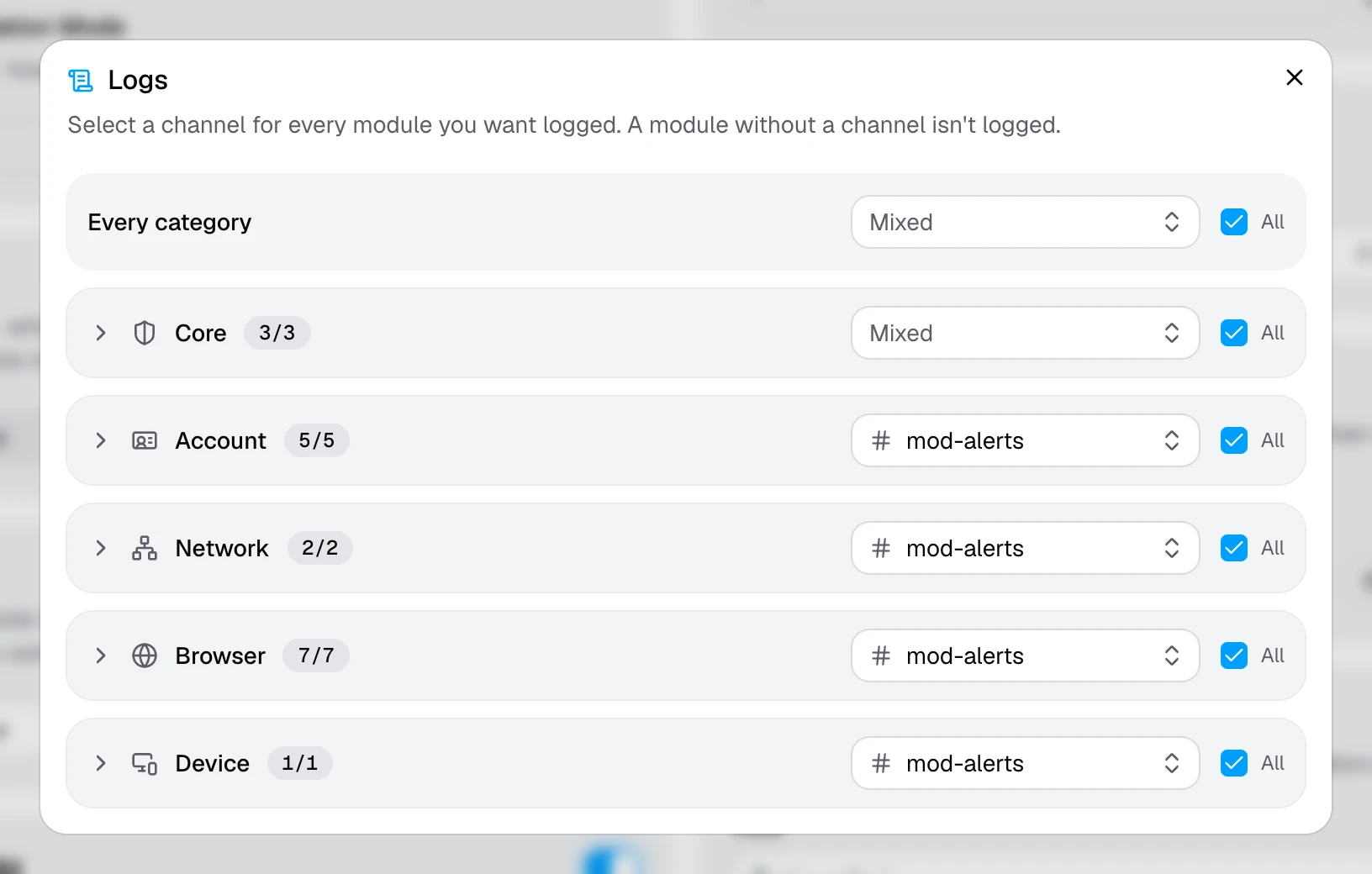 The Logs window, with a channel picked for each category