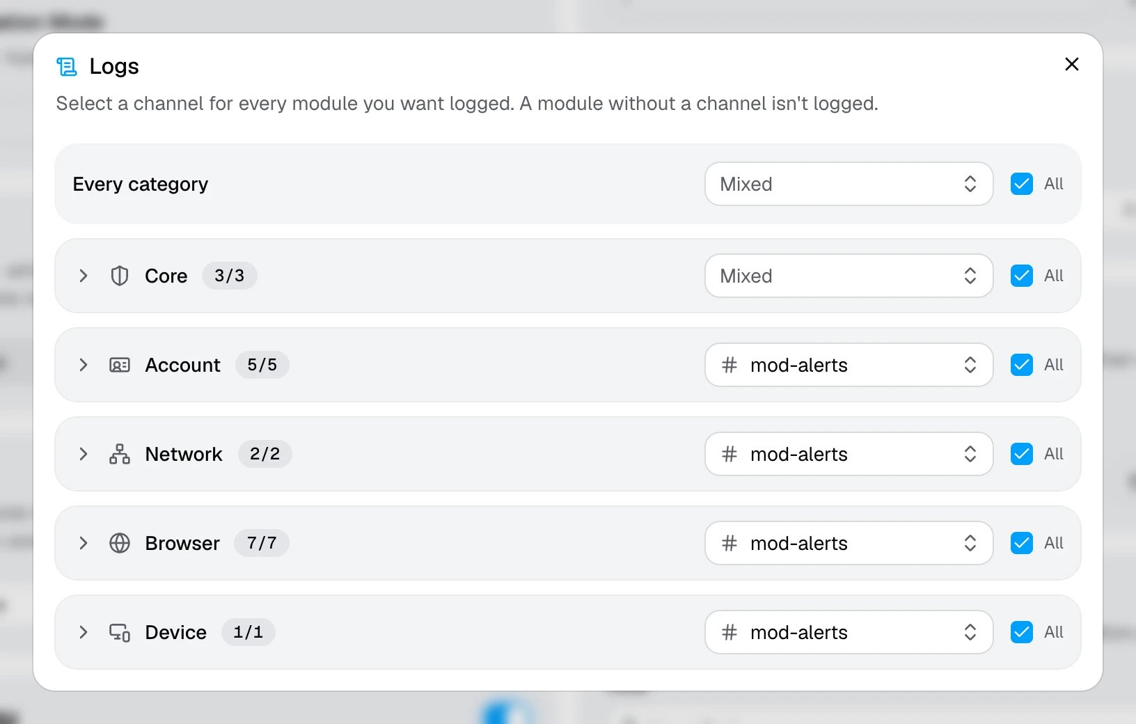 The Logs window, with a channel picked for each category