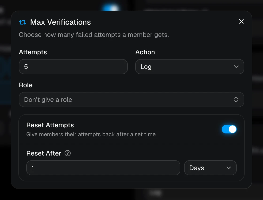 The Max Verifications window with attempts, role, and reset options