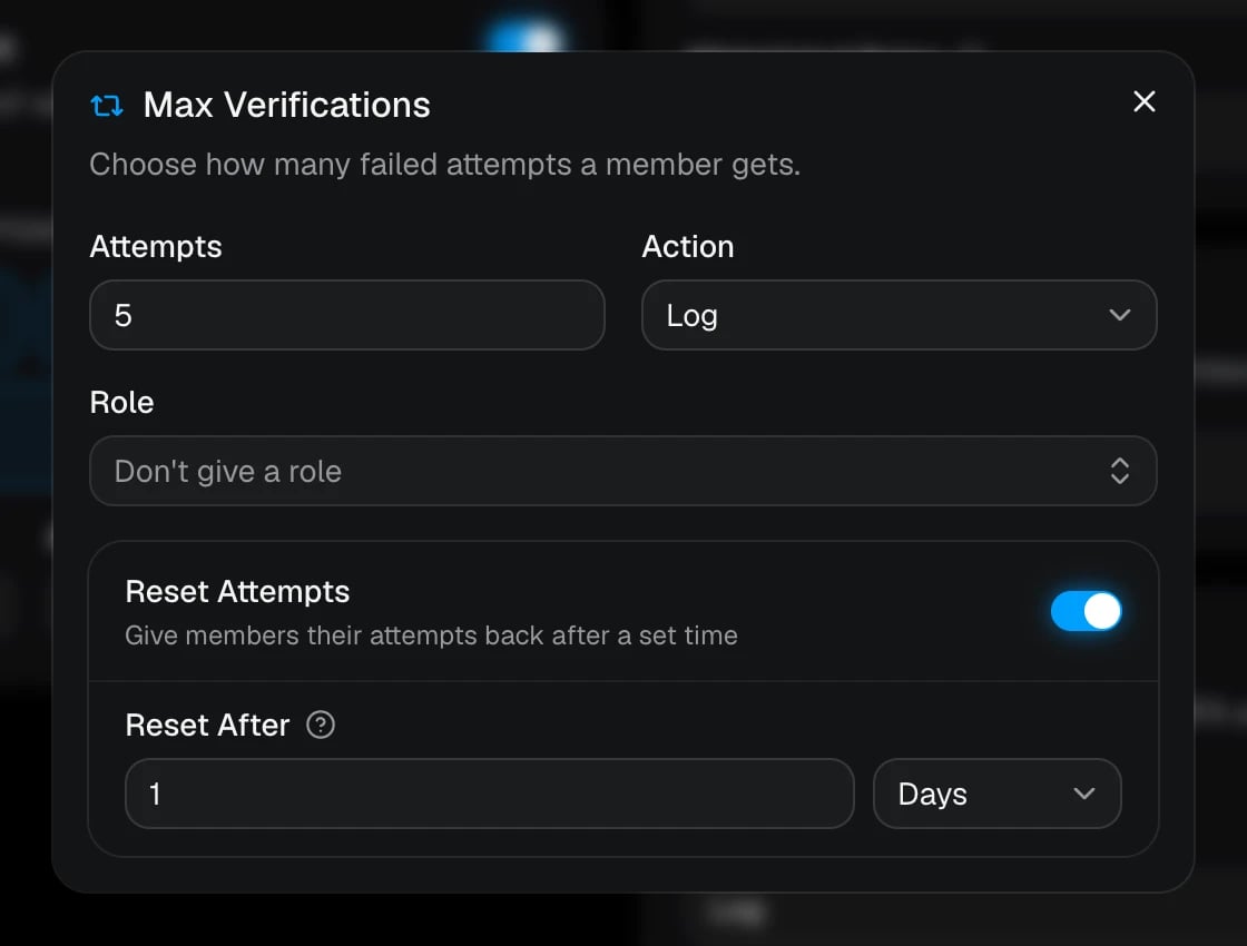 The Max Verifications window with attempts, role, and reset options