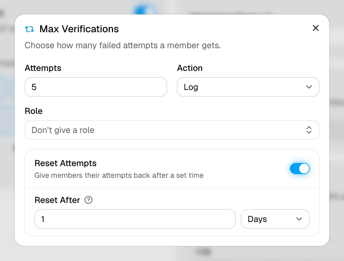 The Max Verifications window with attempts, role, and reset options
