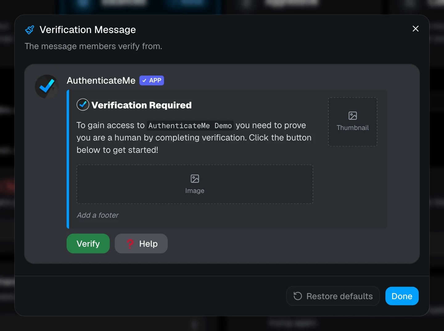 The message editor showing a live preview of the verification message