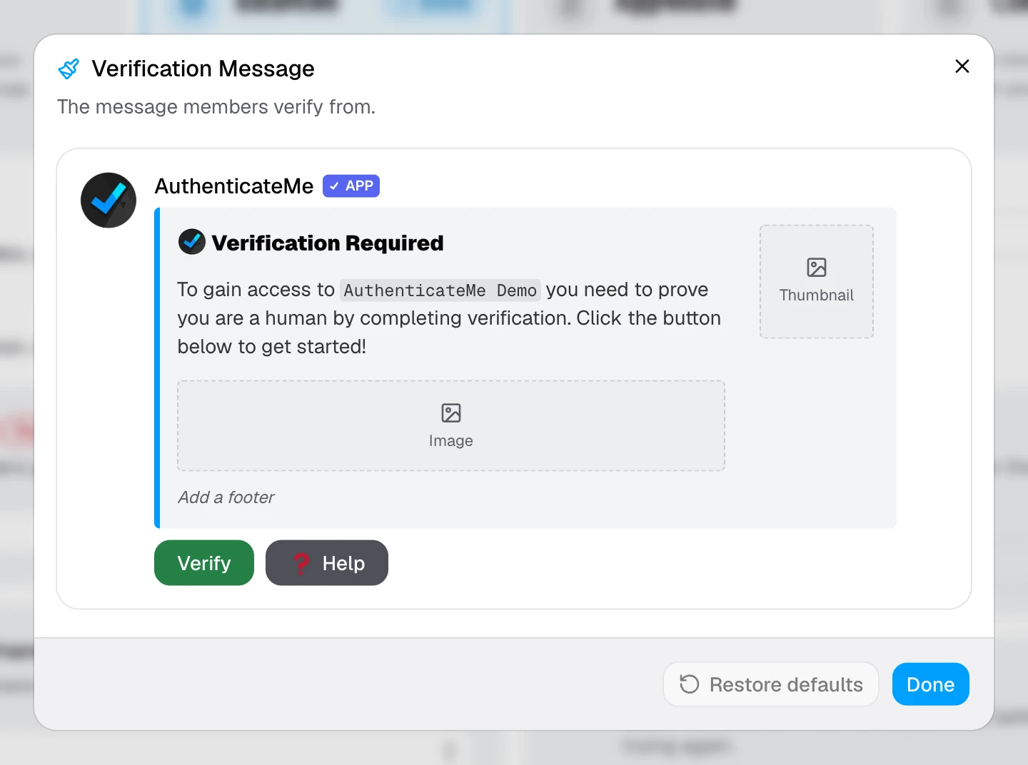The message editor showing a live preview of the verification message