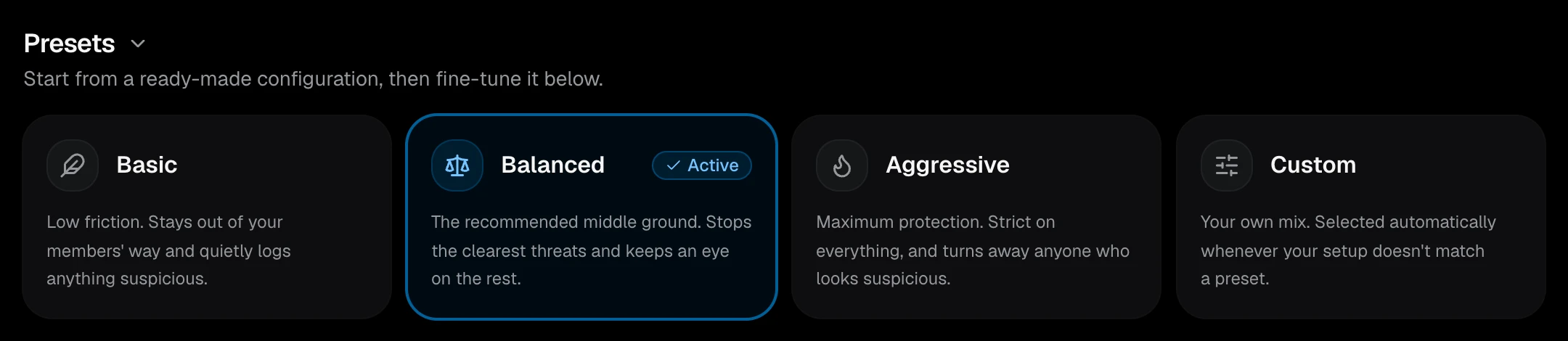The four presets, with Balanced marked as active