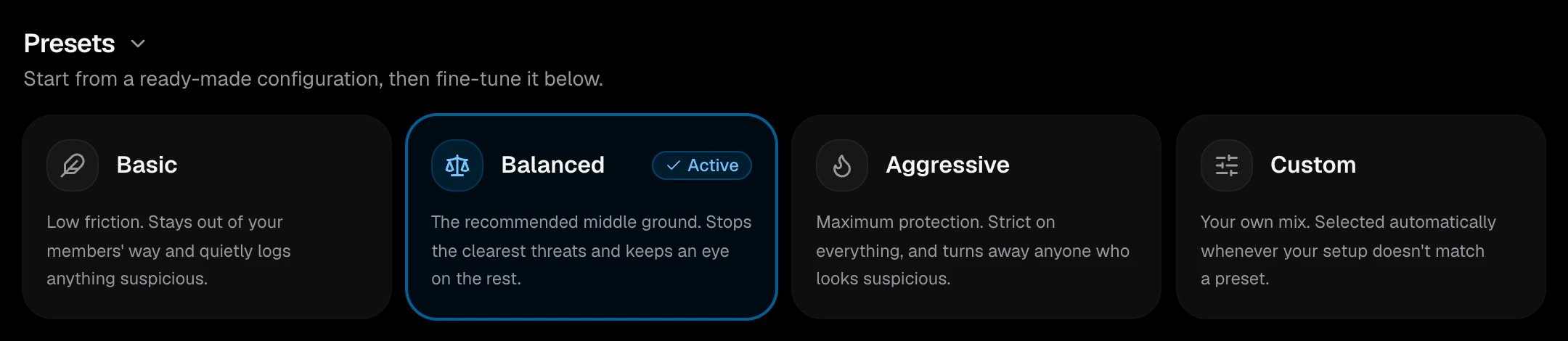 The four presets, with Balanced marked as active