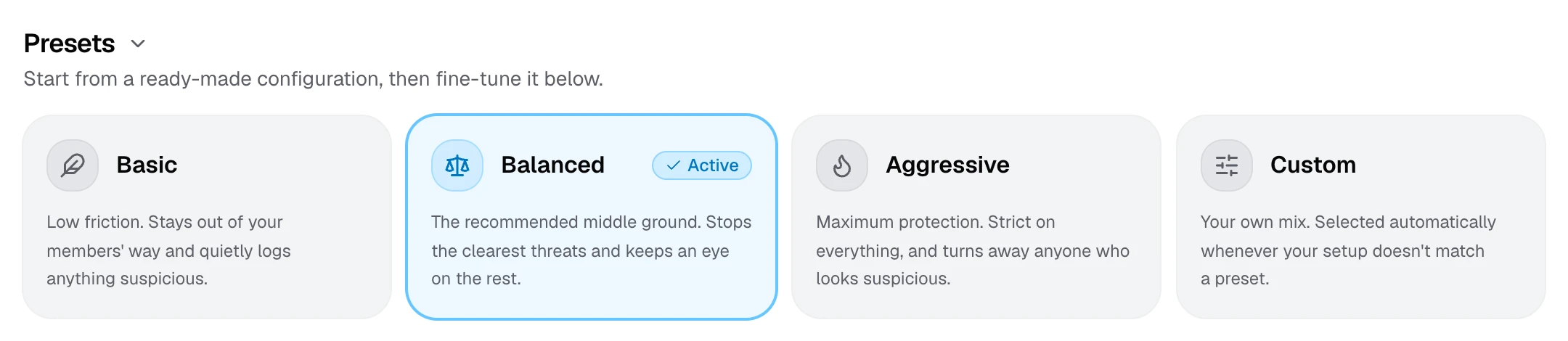 The four presets, with Balanced marked as active