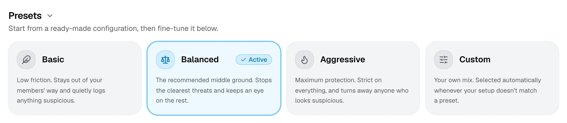 The four presets, with Balanced marked as active