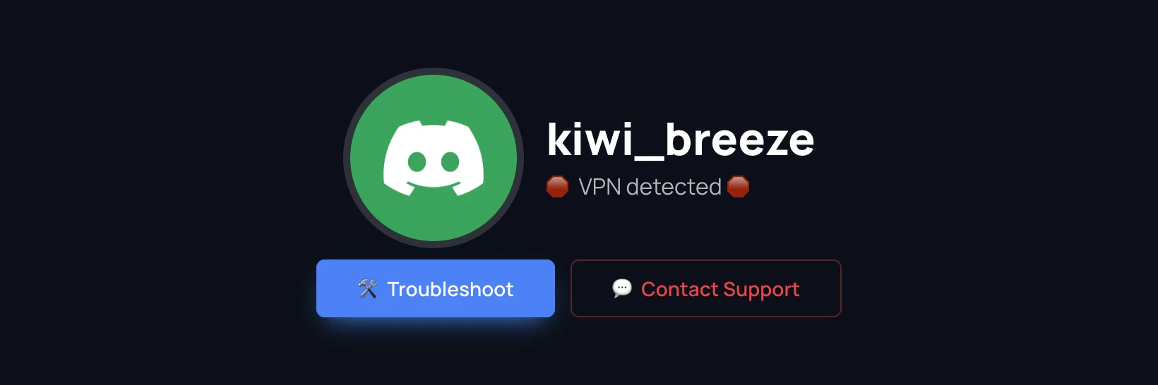 The verification page showing a VPN detected error with Troubleshoot and Contact Support buttons