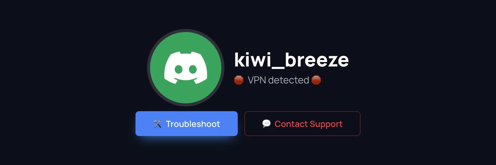 The verification page showing a VPN detected error with Troubleshoot and Contact Support buttons