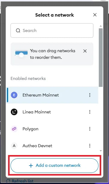 Add a custom network button outlined in red