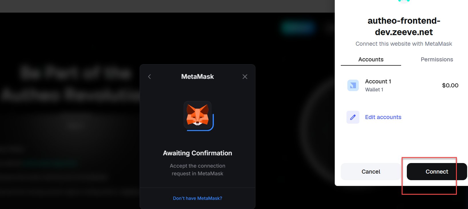 Connect wallet step 2 — wallet extension approval