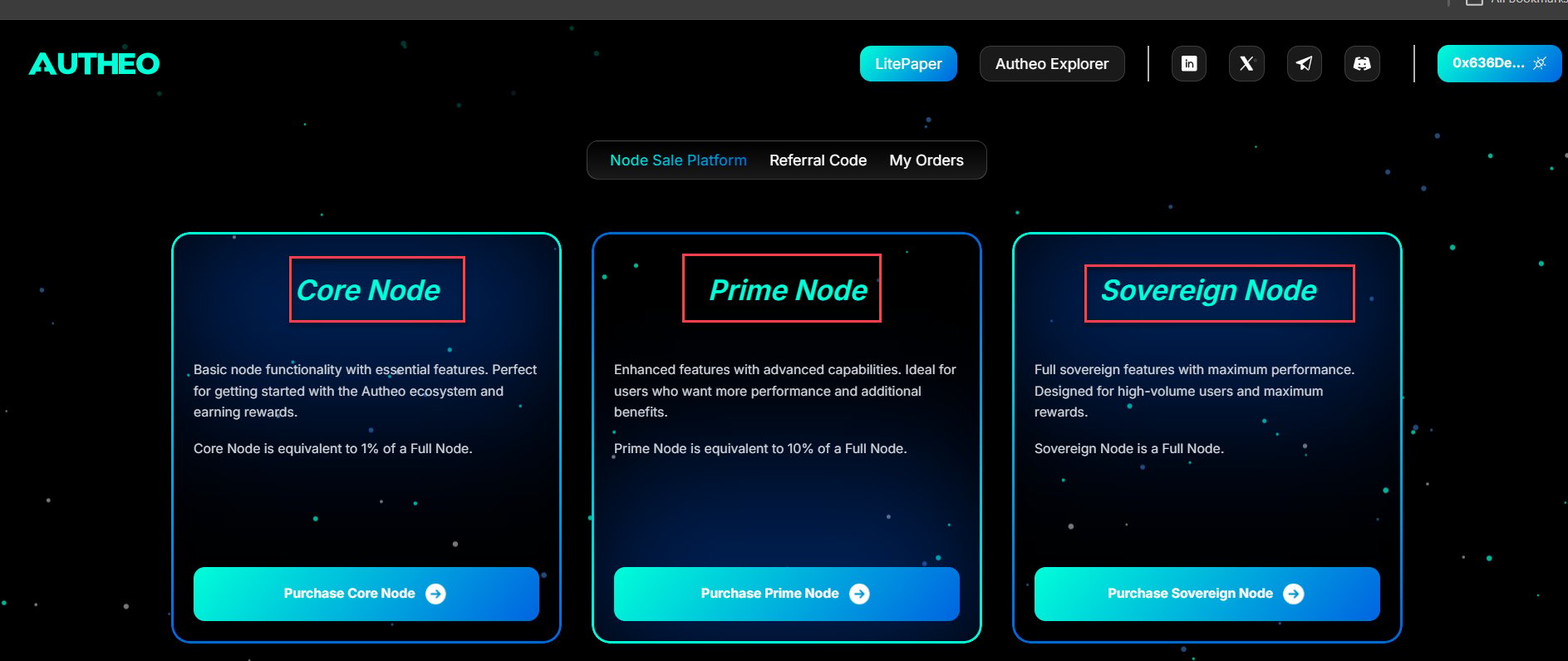 Purchase page showing Core, Prime, and Sovereign node tiers
