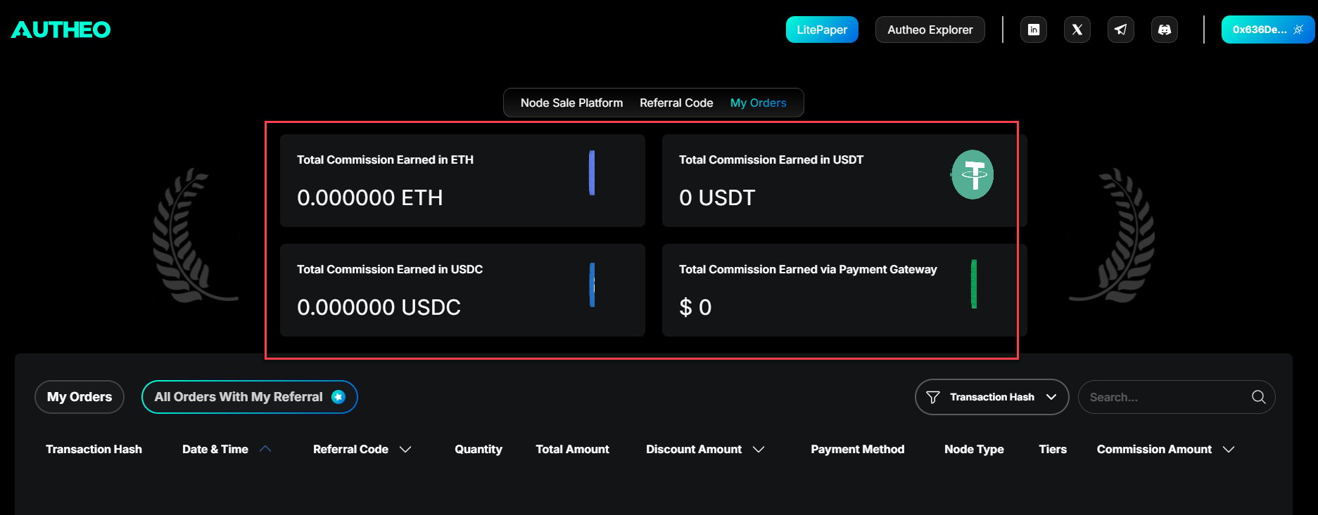 All Orders With My Referral tab showing commission summary and order list
