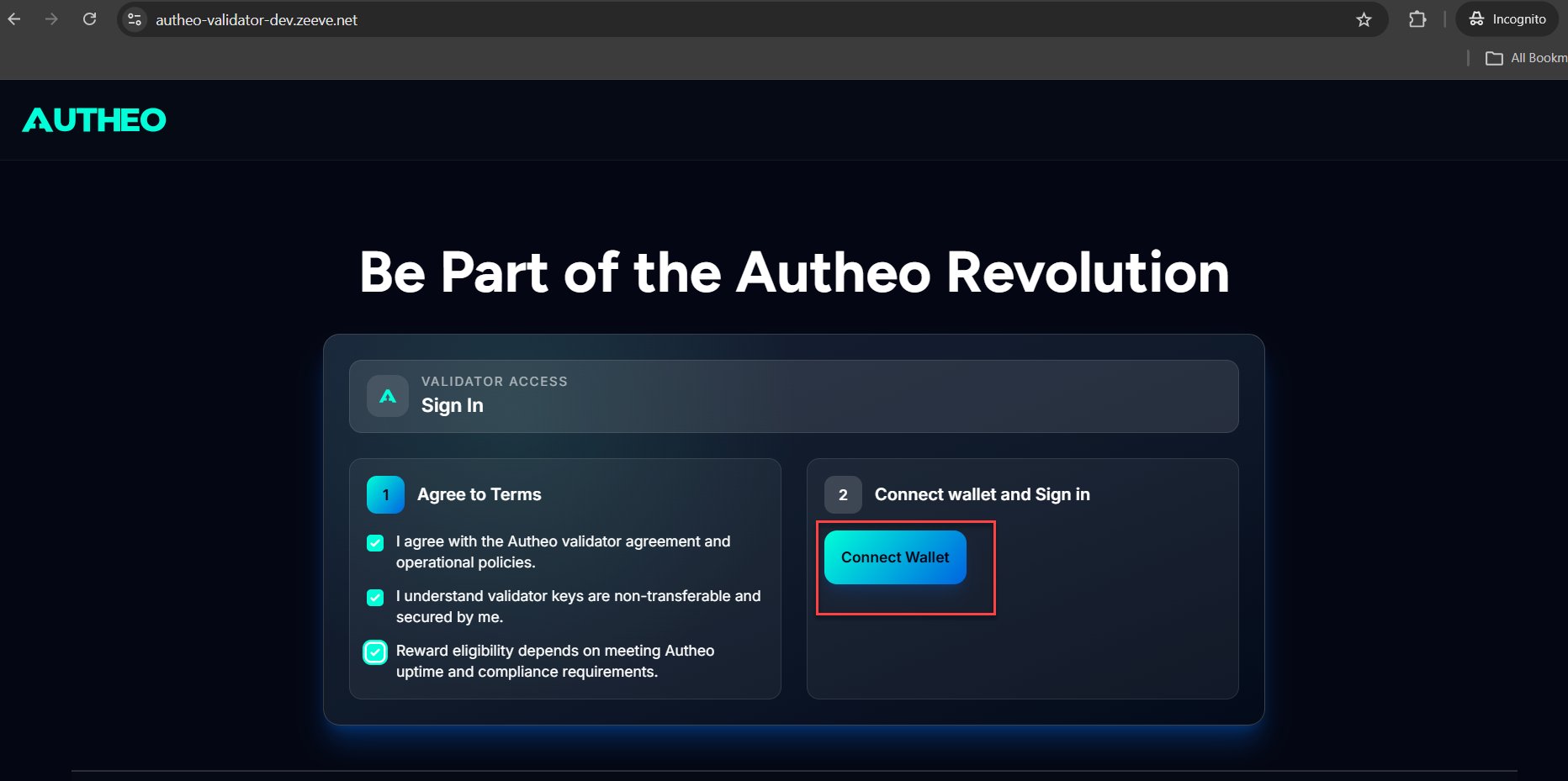 Validator Portal sign-in page with terms and conditions