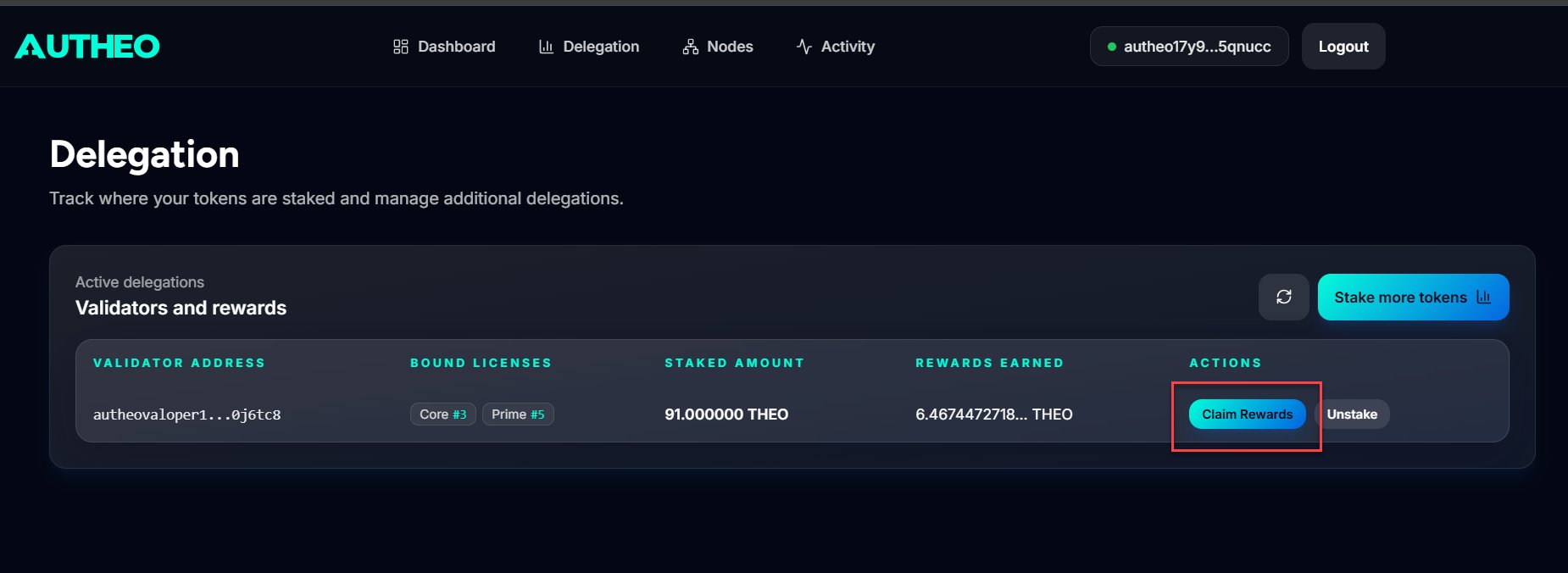Delegation page with Claim Rewards button highlighted