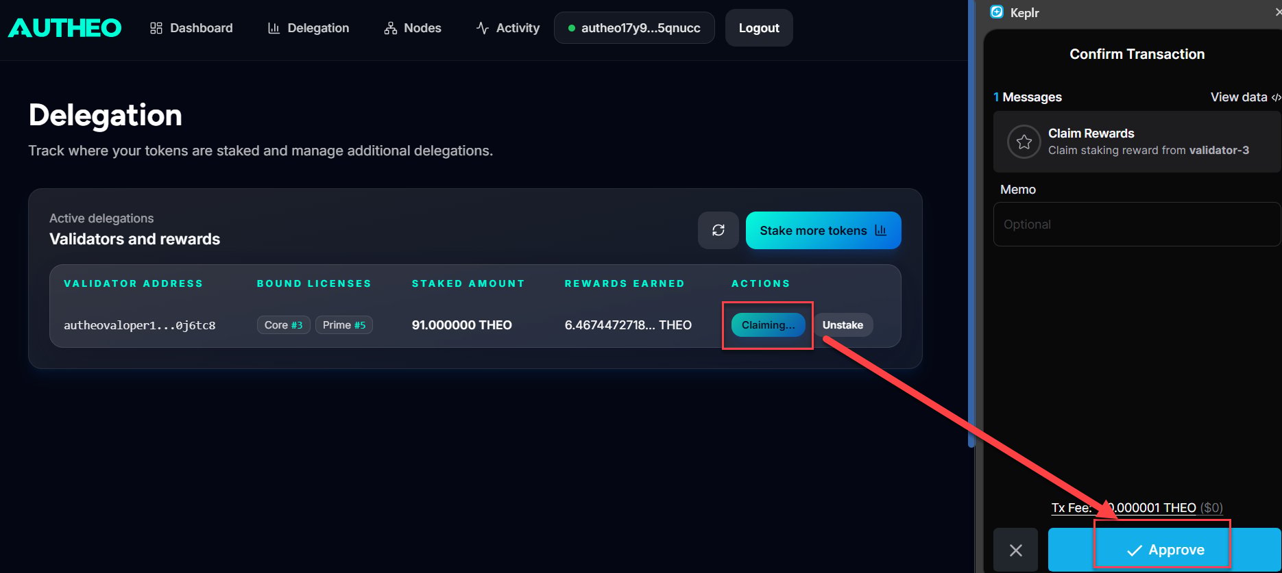 Claim rewards — Keplr signing prompt
