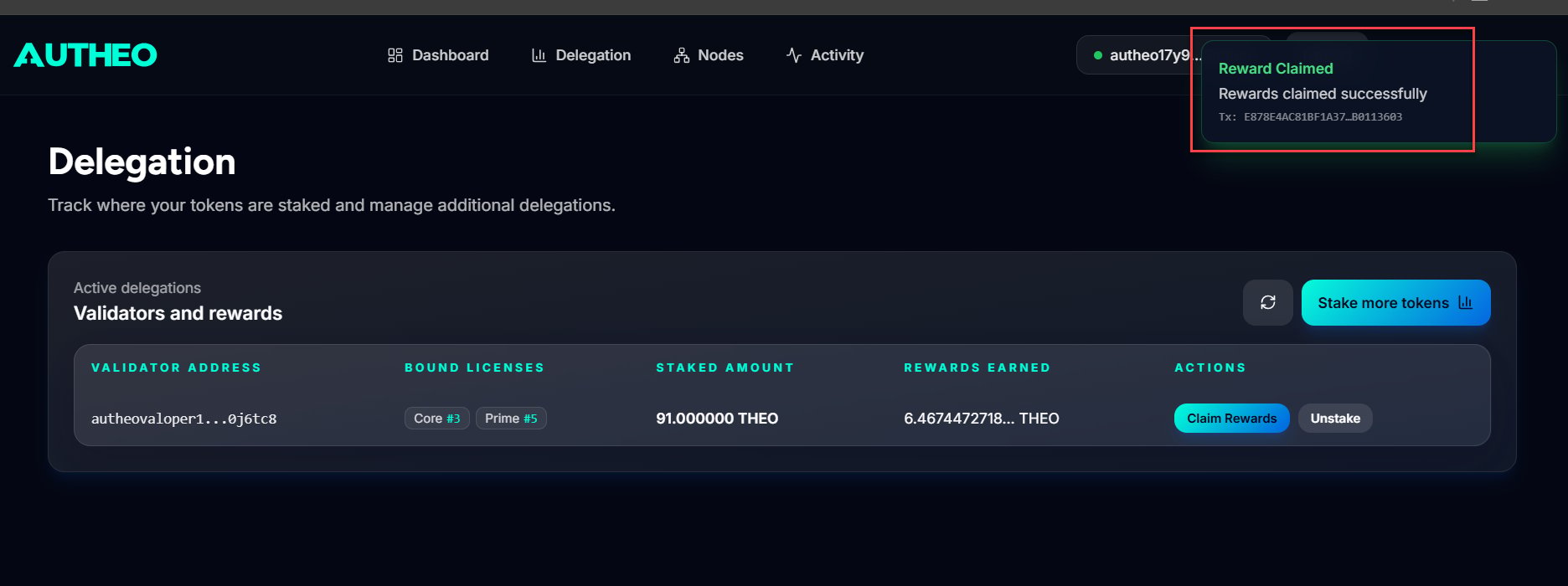 Claim rewards — transaction confirmed