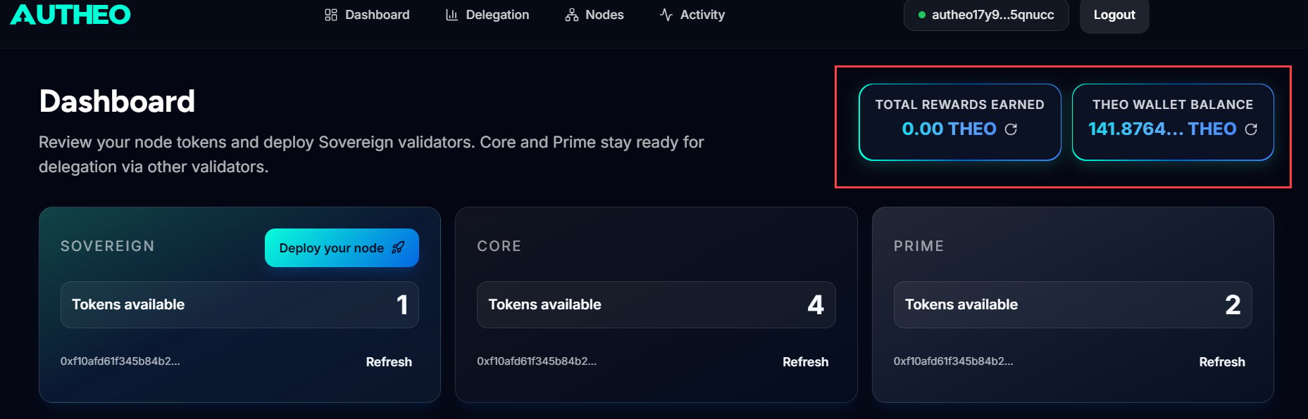 Validator Portal dashboard showing rewards and wallet balance cards