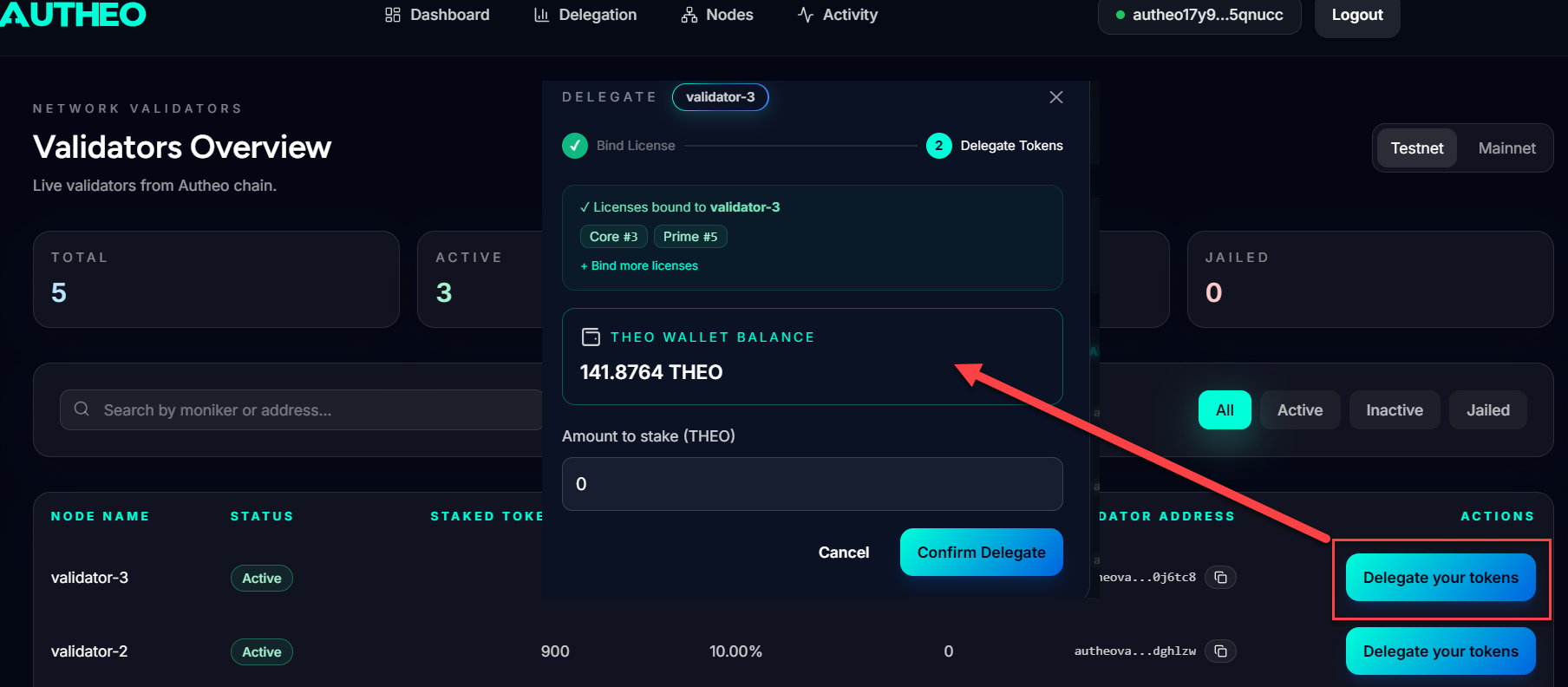Delegation modal showing validator details