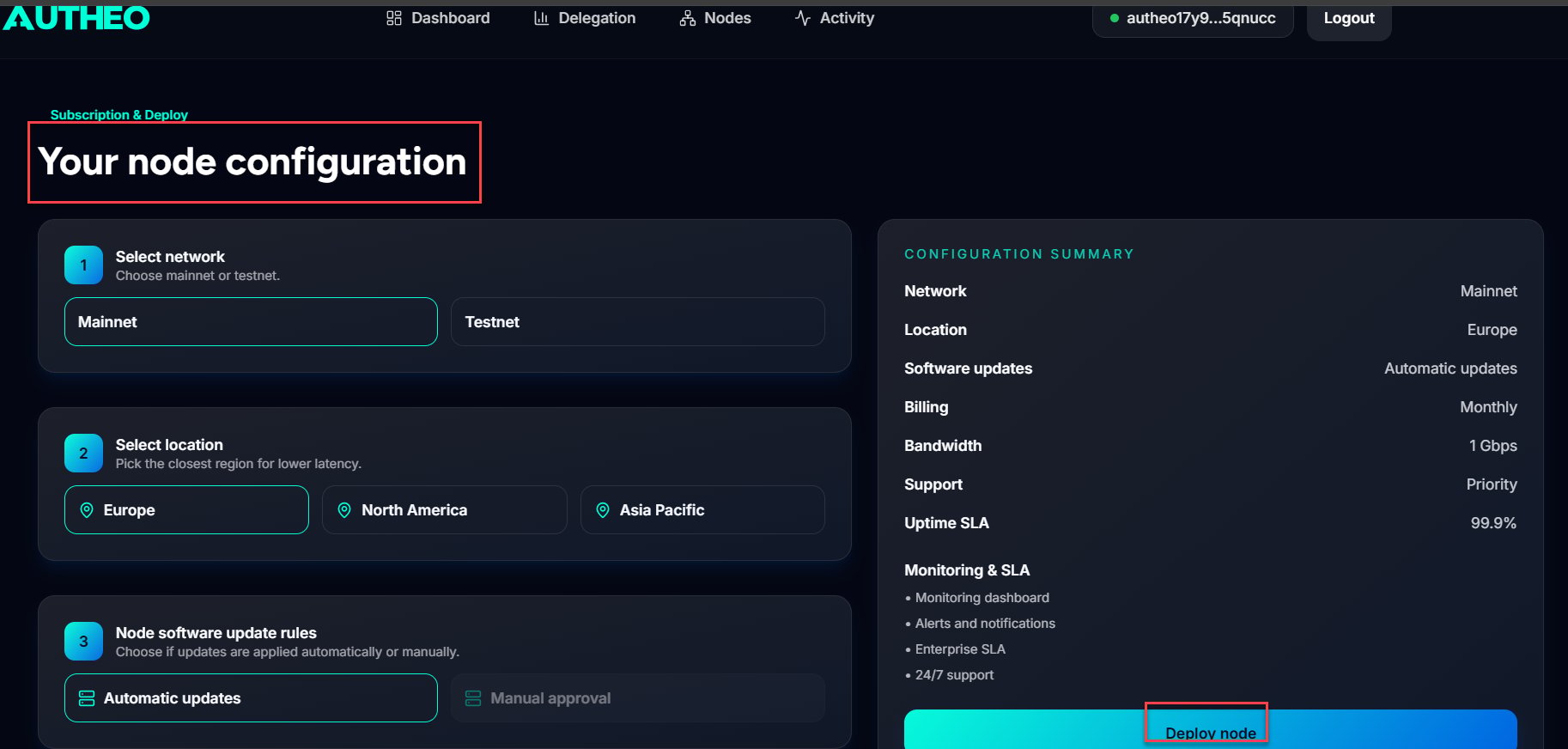 Node deployment configuration — step 1
