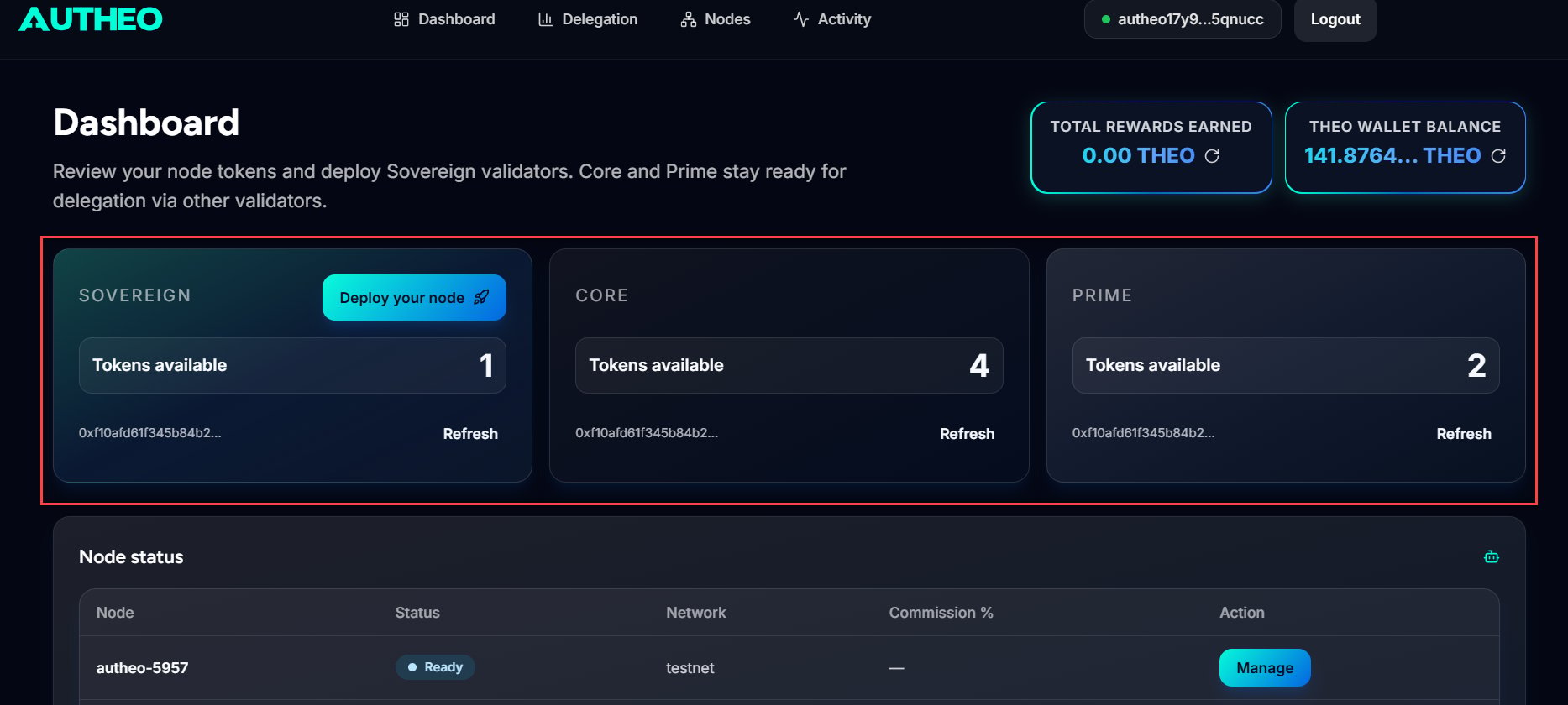 License status panel showing Sovereign, Core, and Prime counts