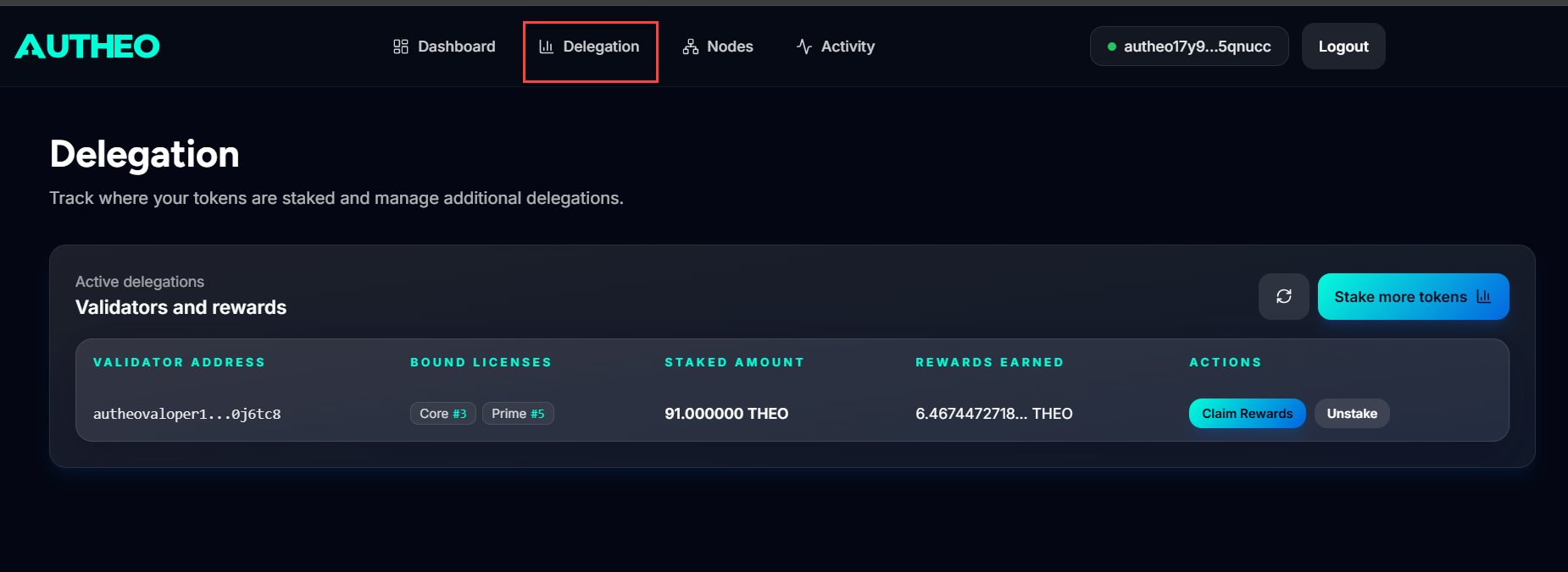 Delegation page showing active delegations and action buttons