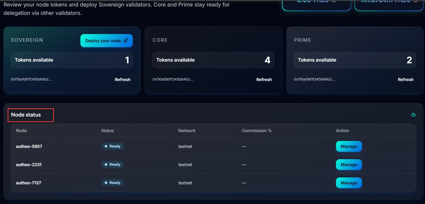 Node Status table showing validator nodes and their current status