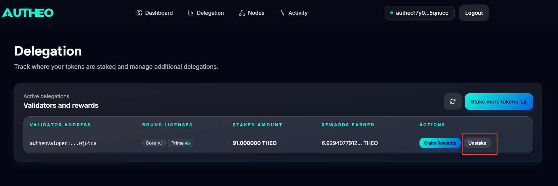 Delegation page with Unstake button highlighted