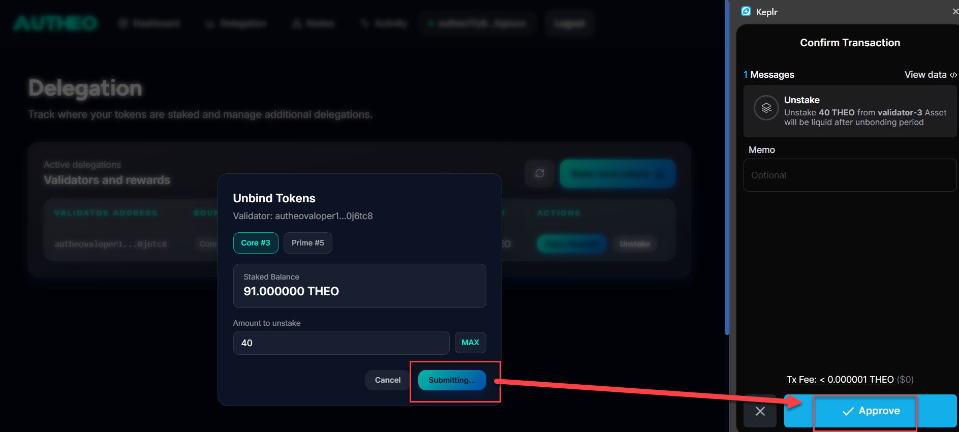Unstake transaction confirmed in Keplr