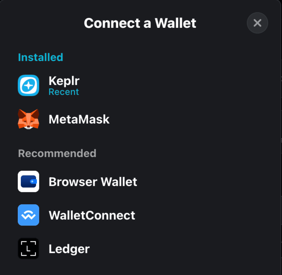 Wallet selection modal