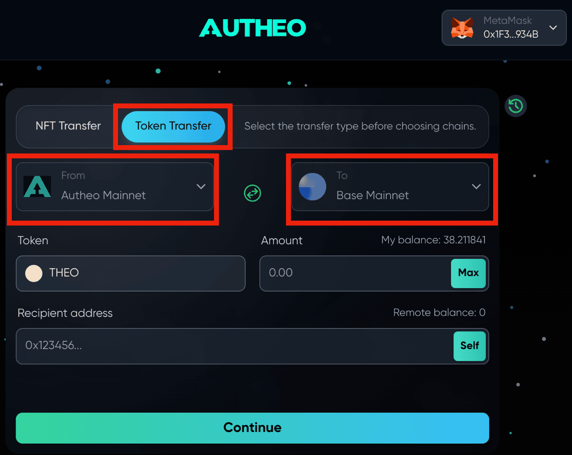 Token Transfer tab with Autheo Mainnet to Base Mainnet