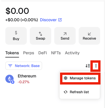 Manage tokens menu option