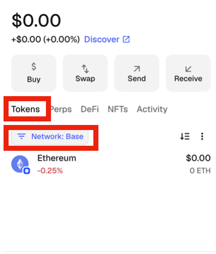 Selecting Base network in wallet tokens view