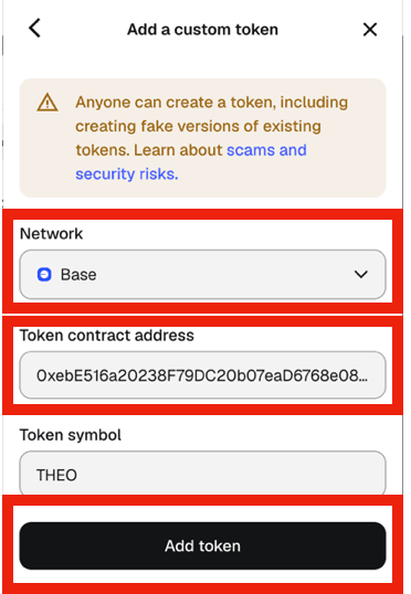 Entering the THEO token contract address on Base
