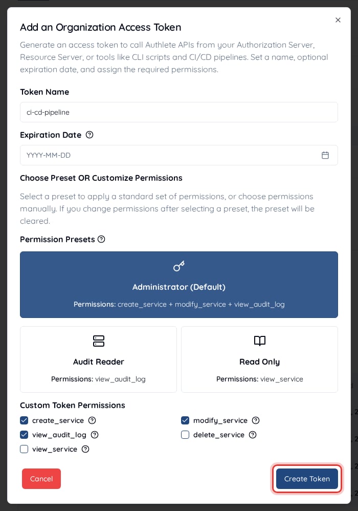Add an Organization Access Token dialog, showing the token name field and organization-level permission presets such as Administrator and Audit Reader