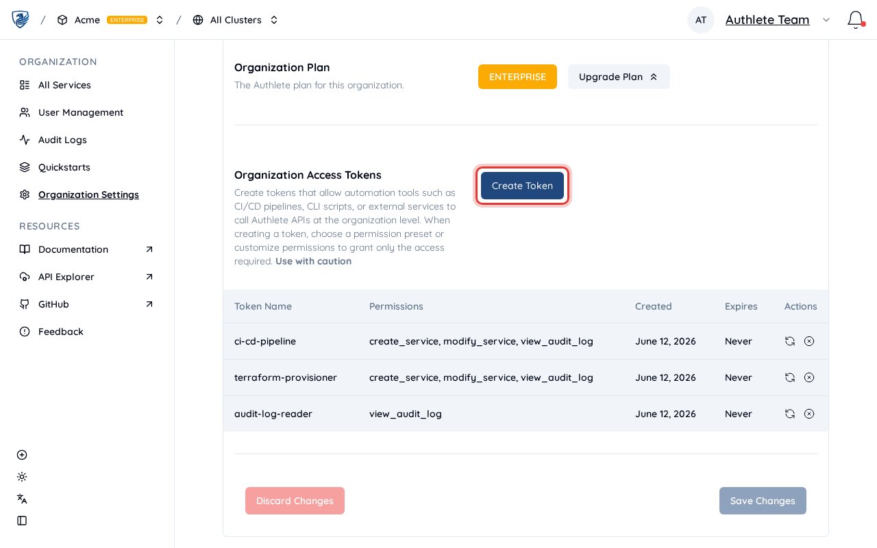 Organization Access Tokens section on the General tab, with the Create Token button and a token list showing a Permissions column