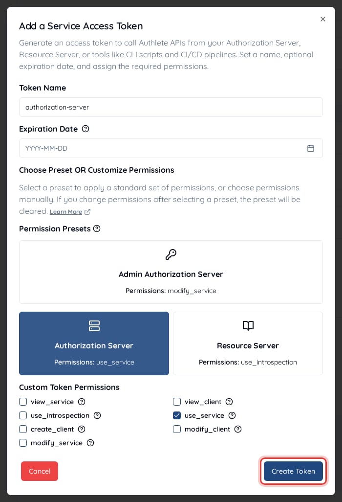 Add a Service Access Token dialog, showing the token name field and permission presets such as Authorization Server (use_service) and Resource Server (use_introspection)