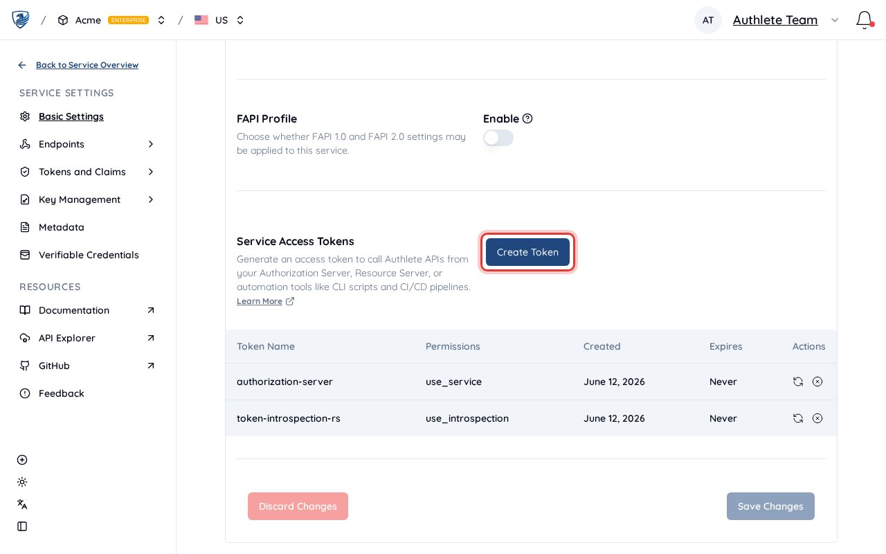 Service Access Tokens section on the General tab, with the Create Token button and a token list showing a Permissions column