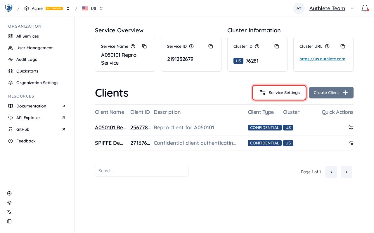 Service Overview page in the Authlete Console, with the Service Settings button highlighted