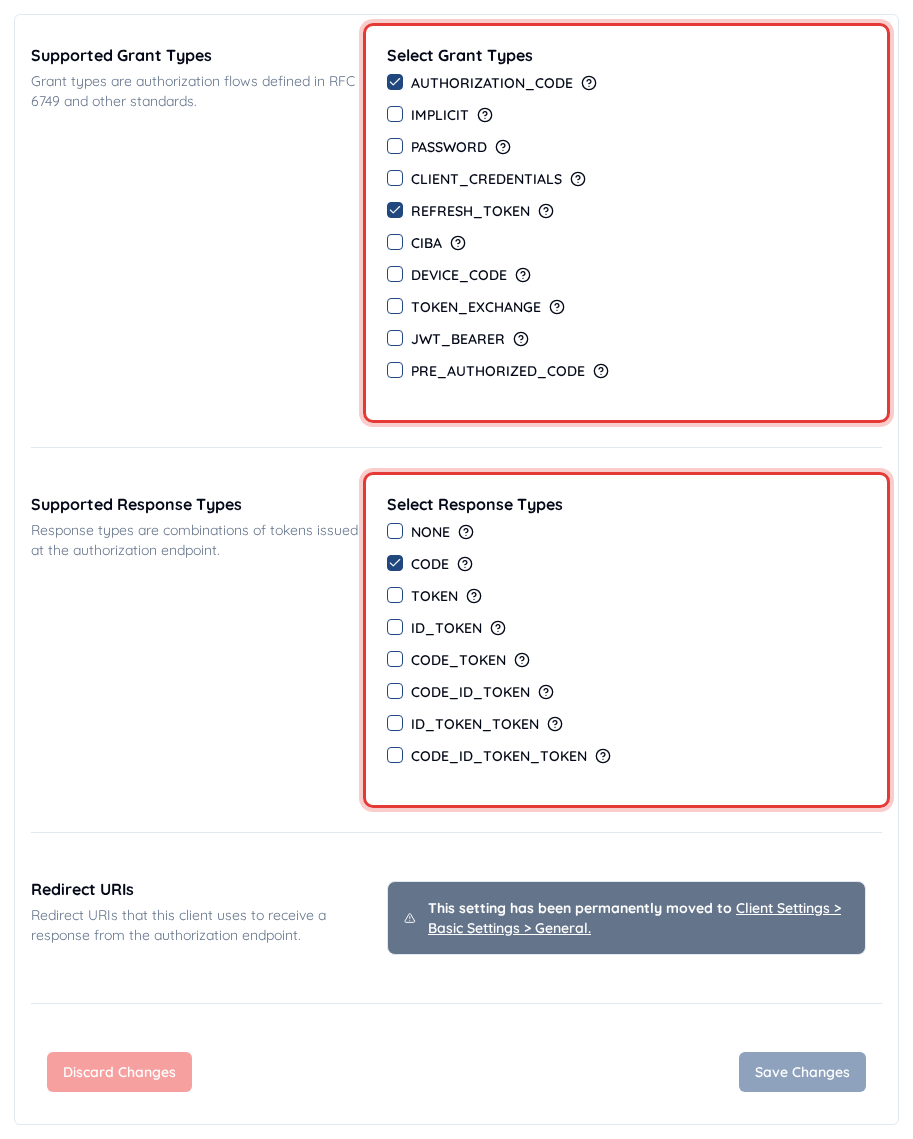 Supported grant types and response types on the client Global Settings screen