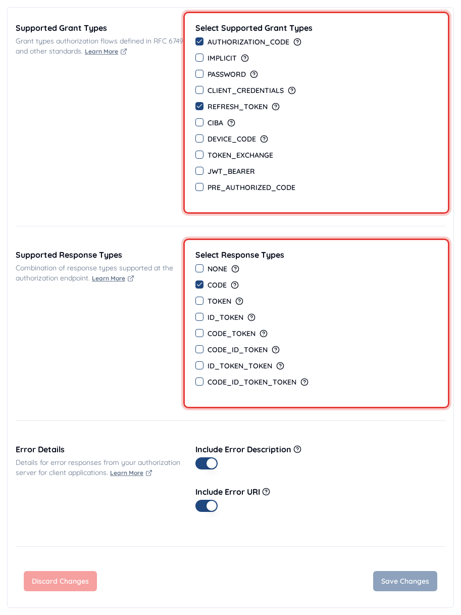 Supported grant types and response types on the service Global Settings screen