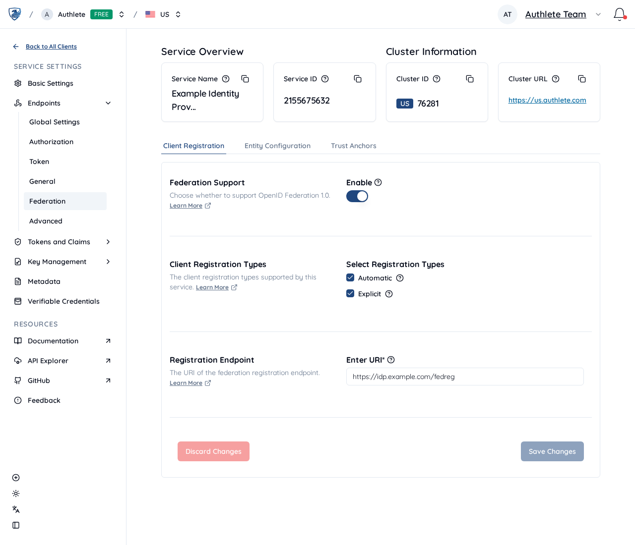 Federation client registration settings