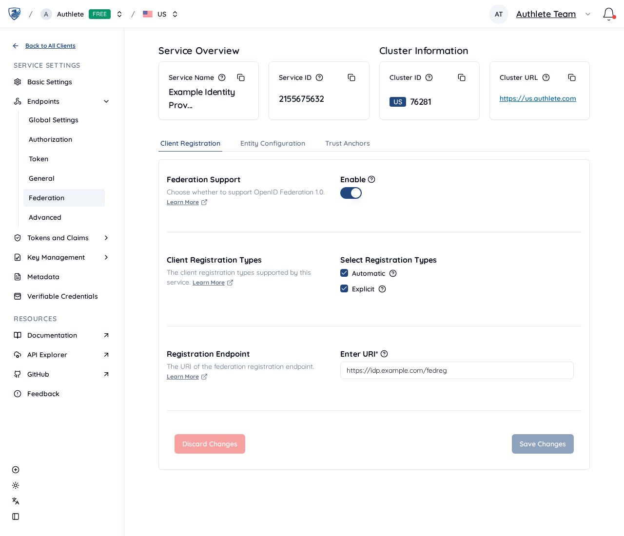Federation client registration settings
