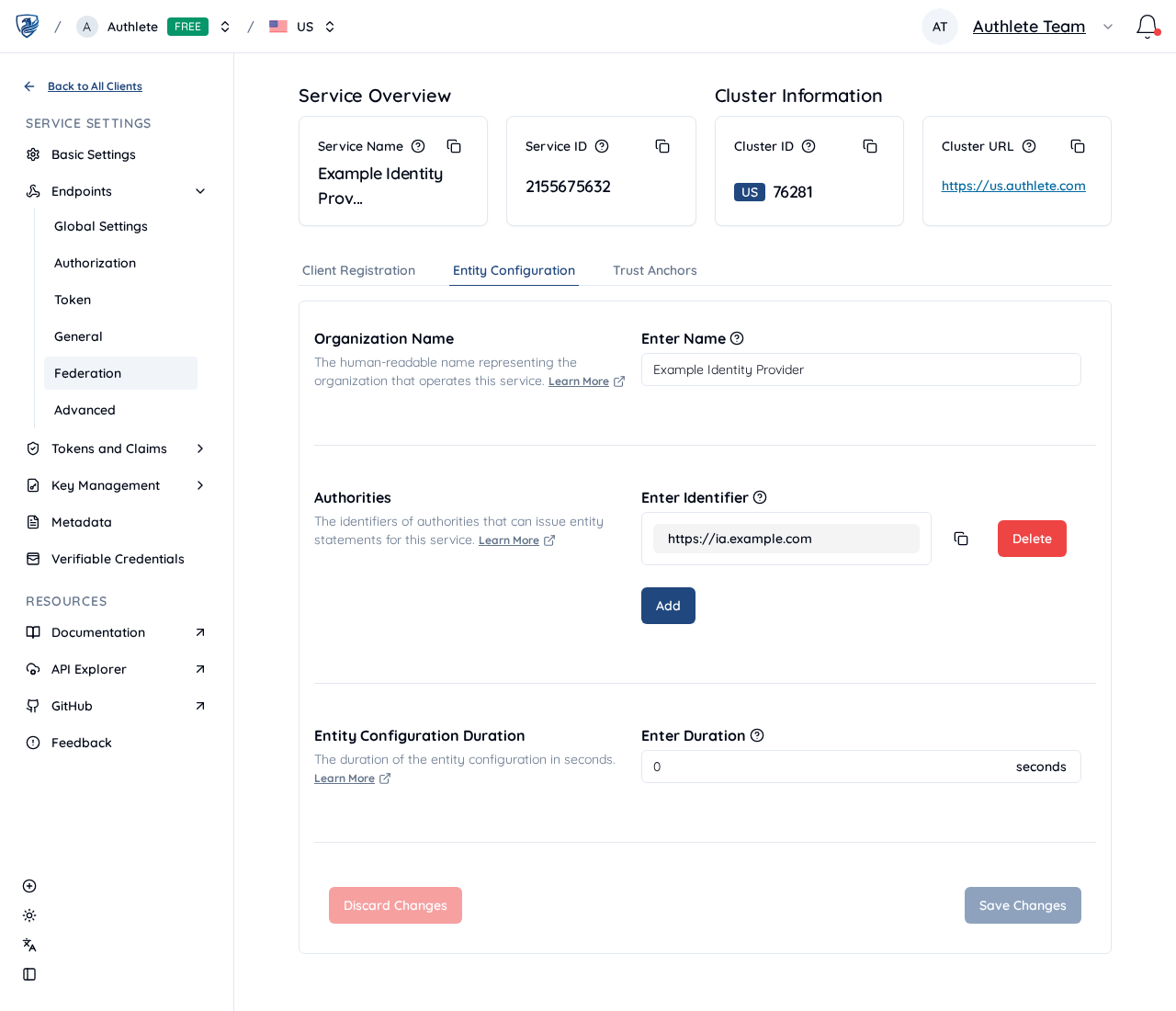 Federation entity configuration settings